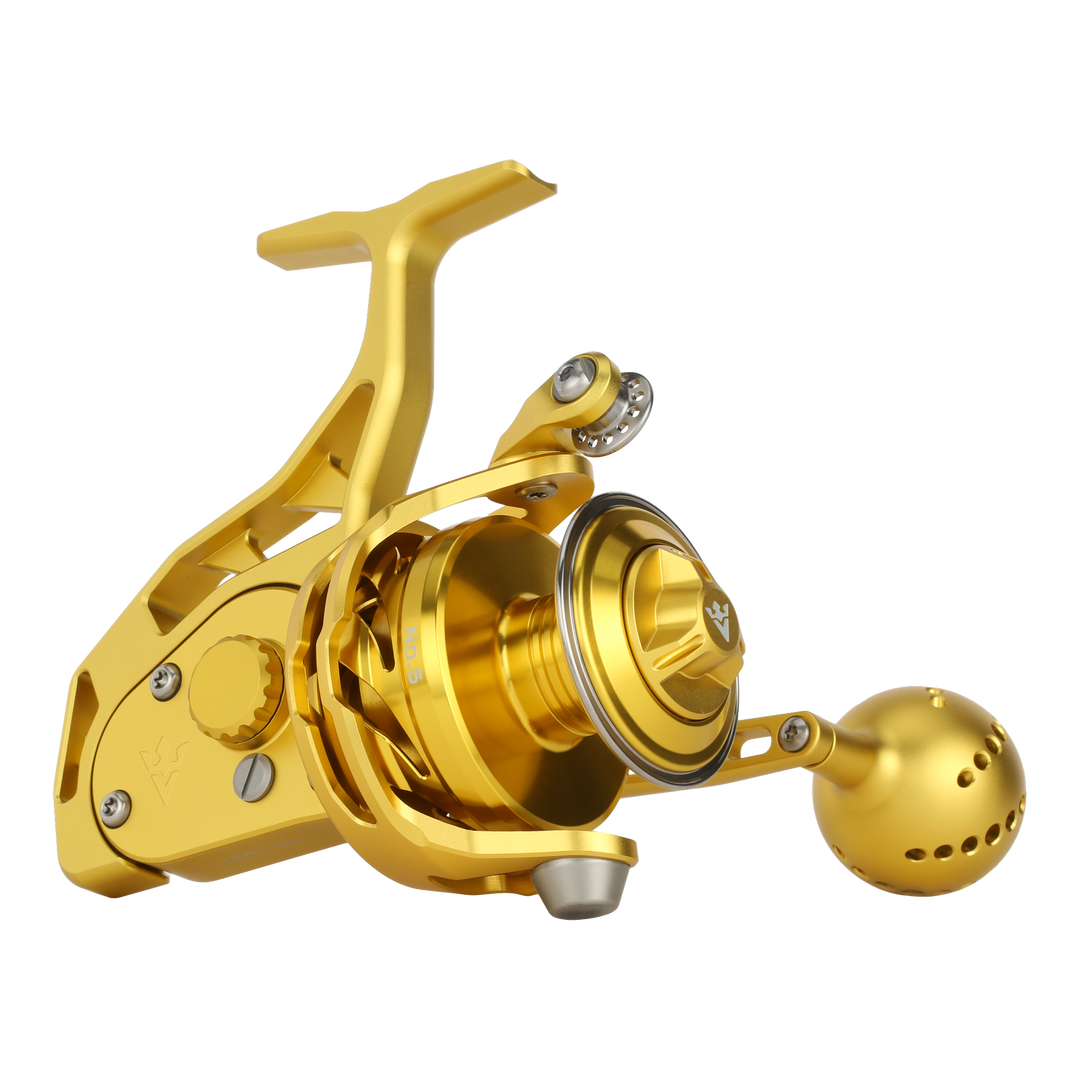 Visser PierMaster Series bail-less spinning reel in gold, product view 1