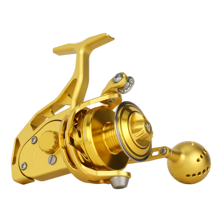 Visser PierMaster Series bail-less spinning reel in gold, product view 1