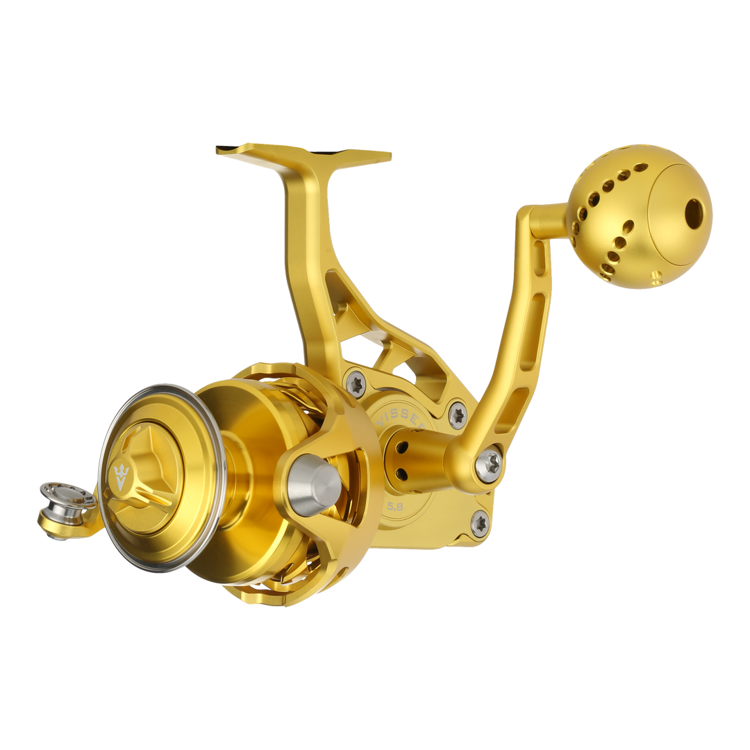 Visser PierMaster Series bail-less spinning reel in gold, product view 6