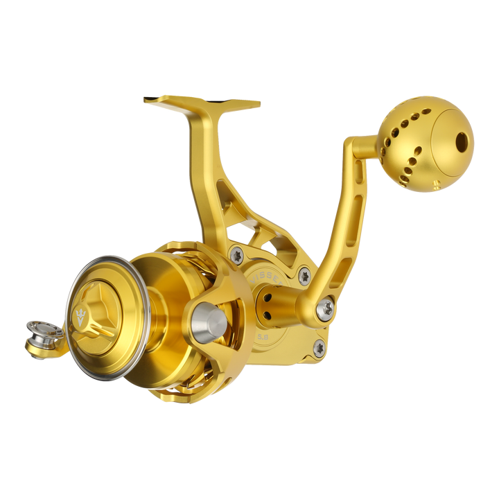 Visser PierMaster Series bail-less spinning reel in gold, product view 6
