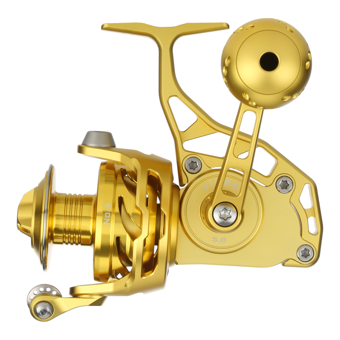Visser PierMaster Series bail-less spinning reel in gold, product view 2