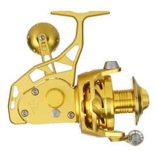 Visser PierMaster Series bail-less spinning reel in gold, product view 3