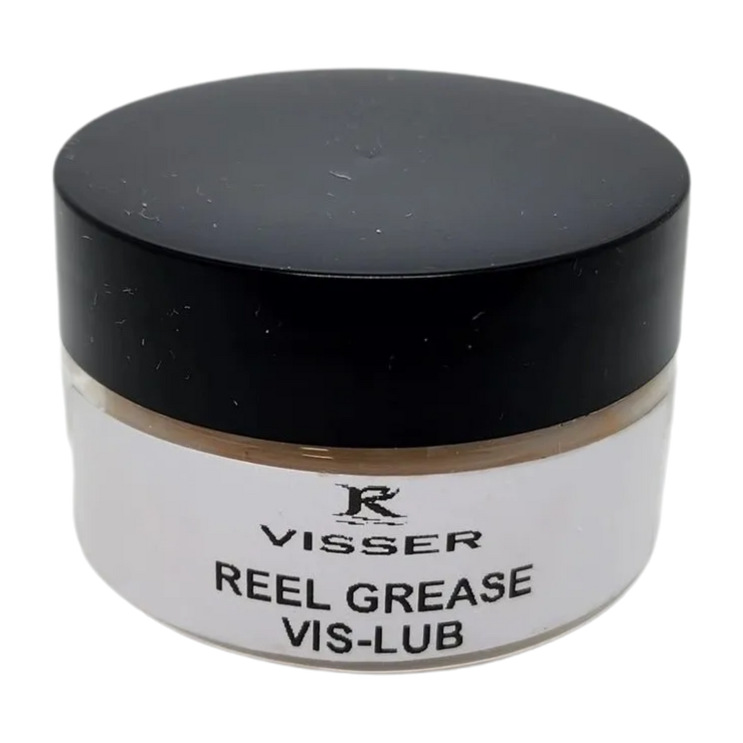 Small jar of Visser Reel Grease VIS-LUB with a black lid and white label